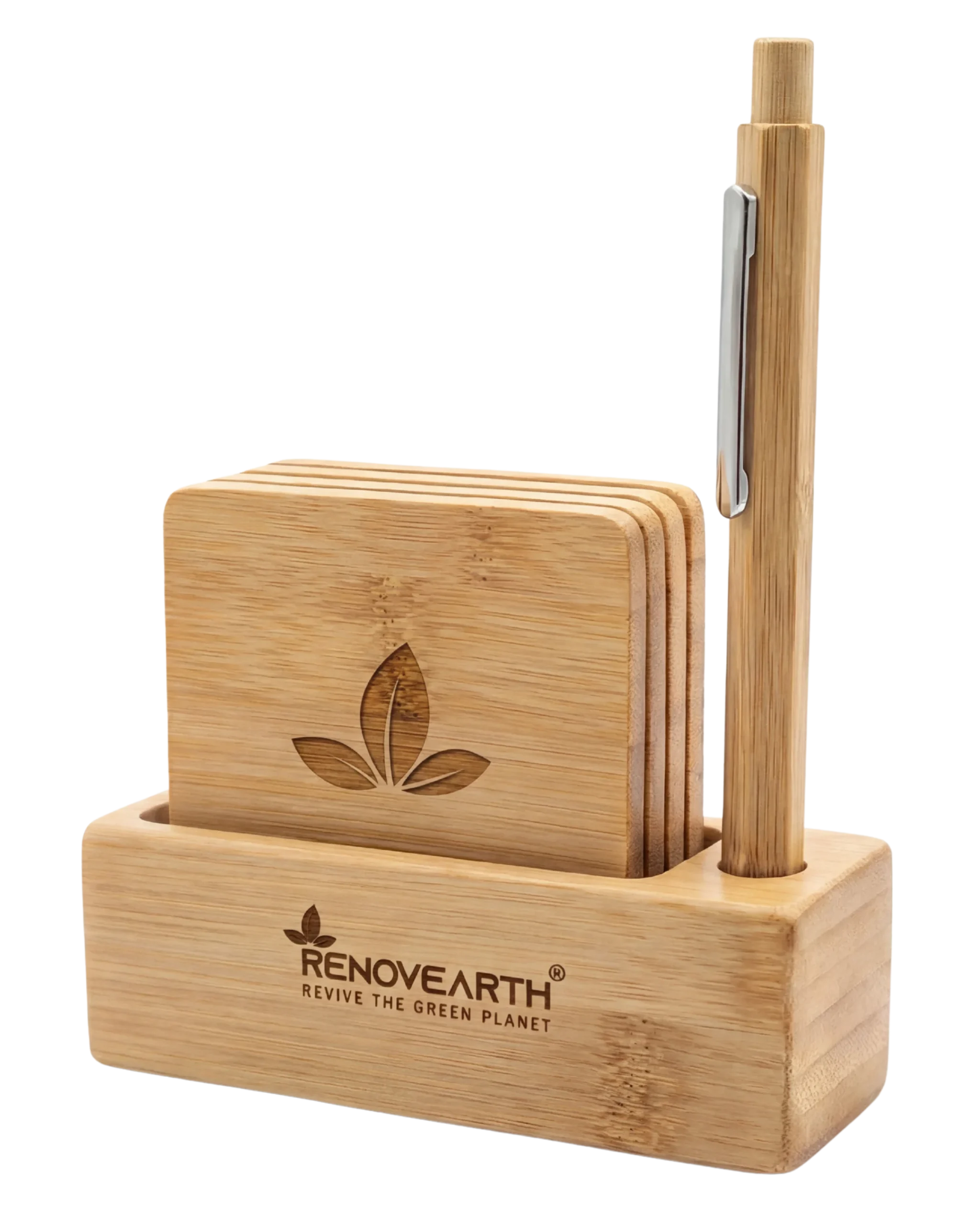 Bamboo Coaster Set with Pen Stand