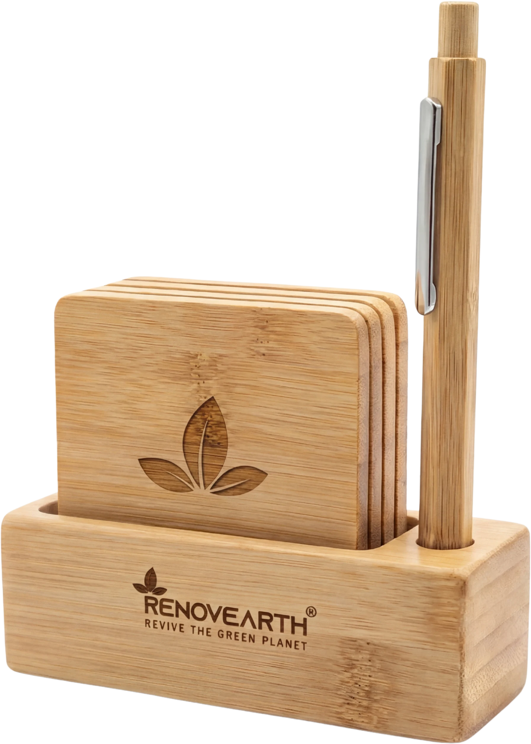 Bamboo Coaster Set with Pen Stand
